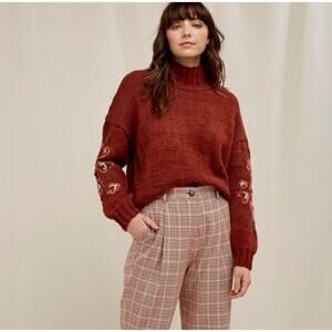 People Tree Brown Boxy Floral Sleeve Fair Trade Handcrafted 100% Wool Sweater S